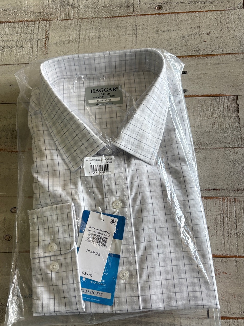Haggar Premium Comfort Dress Shirt Men 19 34/35 Classic Fit Silver/Black Plaid